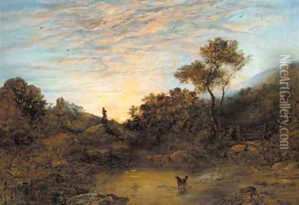 Figures by a stream at sunset Oil Painting - George Augustus Williams