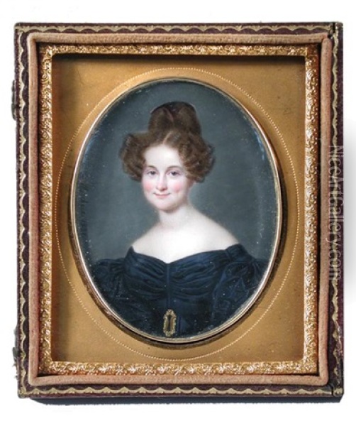 Portrait Miniature Of A Young Lady, Seated, Wearing A Dark Blue Dress With Ruffled Sleeves And Gold Belt Buckle Oil Painting - Ferdinand Machera