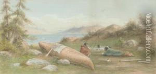 Indian Encampment On The Shore Of A Lake Oil Painting - Frederick Arthur Verner