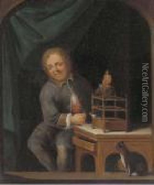 A Figure In An Alcove With A Birdcage Oil Painting - Gerrit Dou