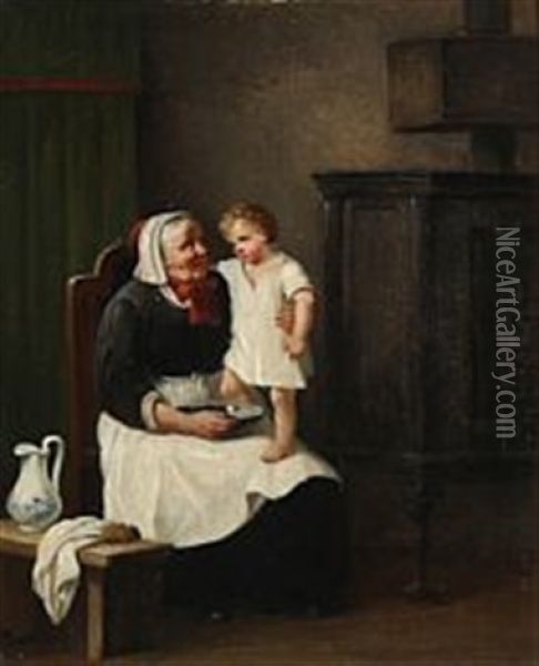 A Little Child And The Nanny Oil Painting - Christian Andreas Schleisner