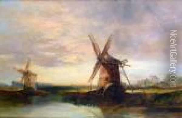 Windmillsin An East Anglian Landscape Oil Painting - Henry Bright