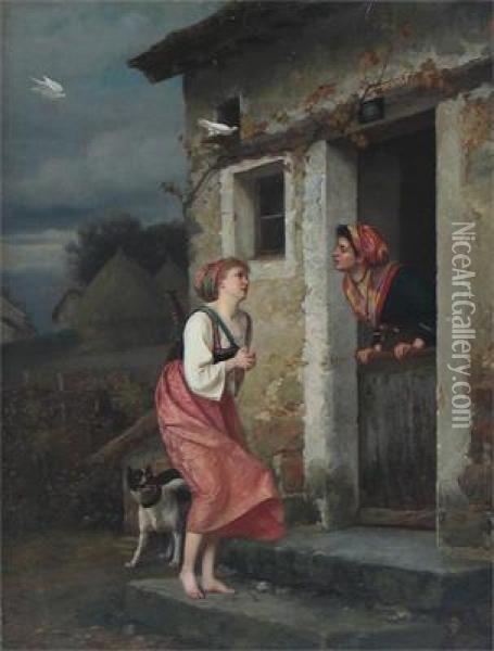 A Country Player Seeking Shelter Oil Painting - Emile Pierre Metzmacher
