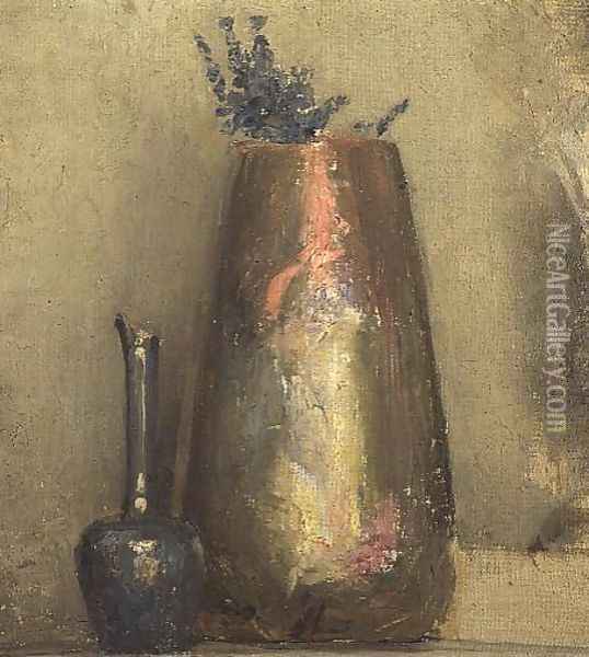 Still Life of Two Vases on a Shelf Oil Painting - Thomas William Roberts