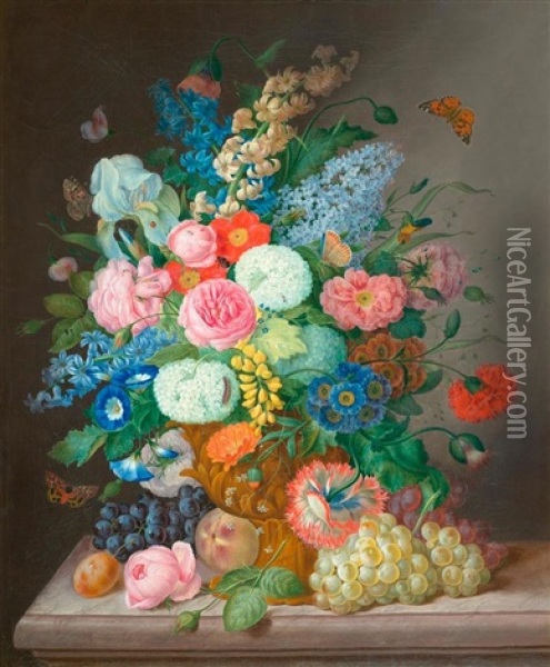 Blumenstilleben Mit Trauben Und Pfirsich Oil Painting - Anton Hartinger