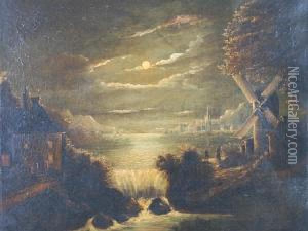 Moonlit River Landscape With Waterfall And Windmill Oil Painting - Sebastian Pether