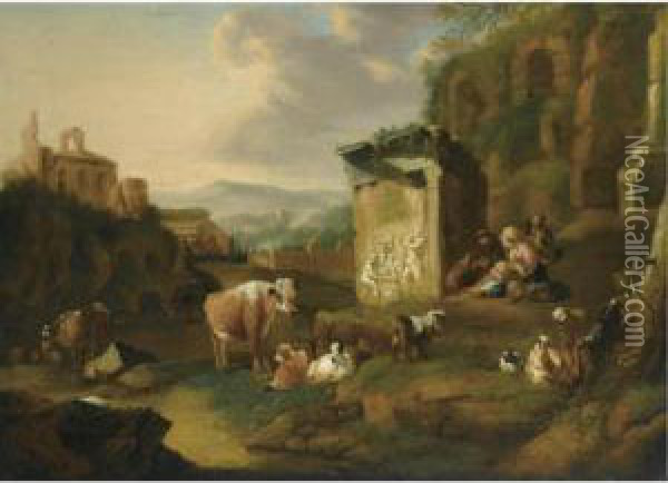 An Italianate Landscape With Cattle And Peasants Beside Roman Ruins Oil Painting - Abraham Jansz Begeyn