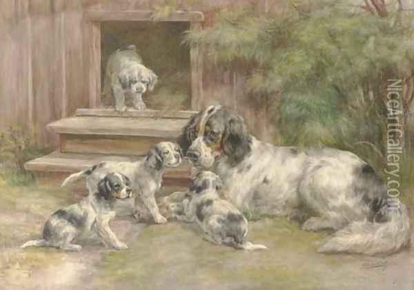 A Setter and her puppies outside a kennel Oil Painting - Edmund Henry Osthaus