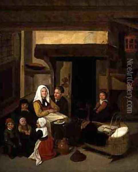 A Family Interior in a Barn Oil Painting - Jan or Johannes Hals
