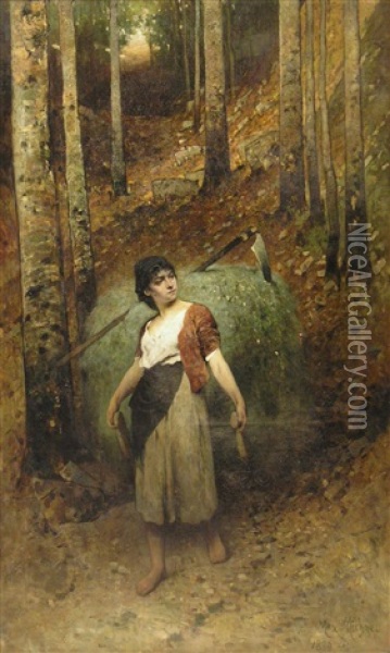 Junge Italienerin Mit Karren Voll Gras Und Sense In Einem Waldweg Oil Painting - Max Michael