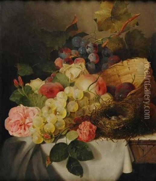 Still Life With Fruit, Flowers And Bird Nest On A Ledge Oil Painting - Edward Ladell