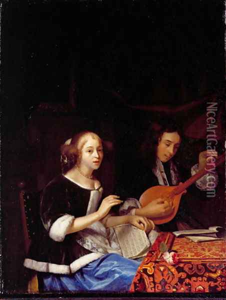 A Young Couple Making Music, c.1665-70 Oil Painting - Godfried Schalcken
