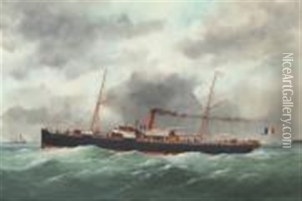 Mustapha Ben Ismael Sortant Du Havre, Navire Mixte De La Cie Gale Transatlantique Oil Painting - Edouard Adam