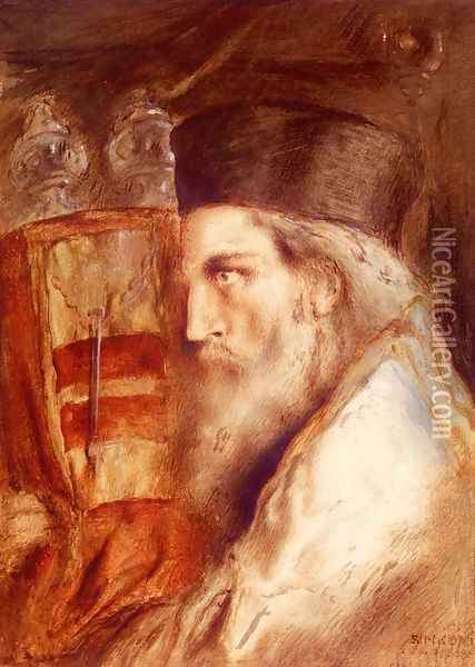 A Rabbi Holding The Torah Oil Painting - Simeon Solomon