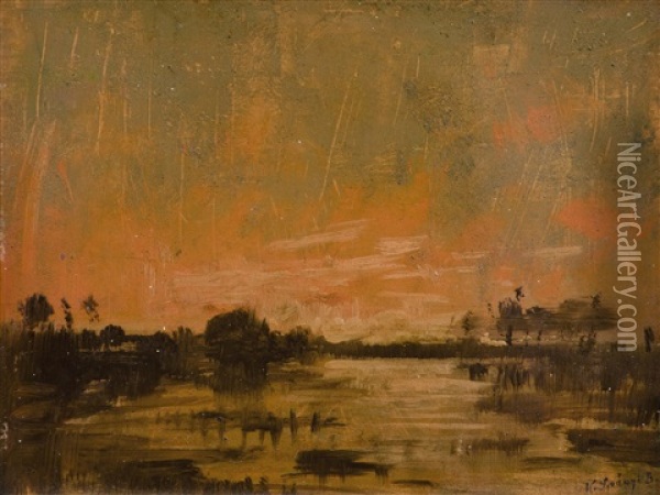Uferlandschaft Im Abendrot Oil Painting - Bela Von Spanyi