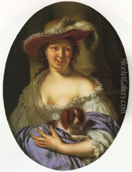 Portrait Of A Woman Wearing A Straw Hat And Holding A Dog Oil Painting - Willem van Mieris