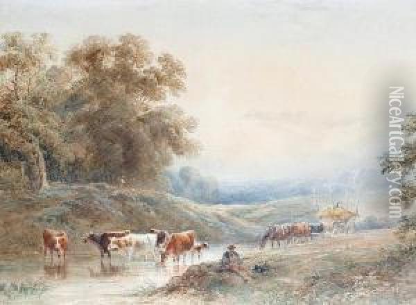 Cattle Watering In A Summer Landscape Oil Painting - Henry Earp