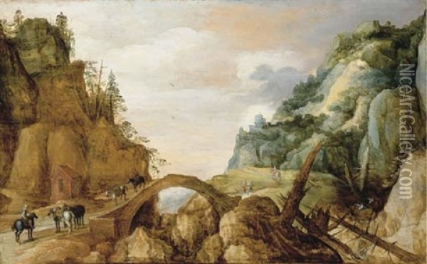 A Mountainous Landscape With Horsemen And Travellers Crossing A Bridge Oil Painting - Joos de Momper the Younger