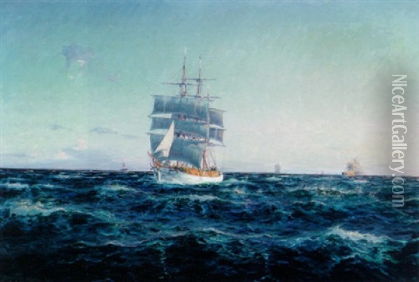 Marine Med Skibe Pa Havet Oil Painting - Christian Benjamin Olsen