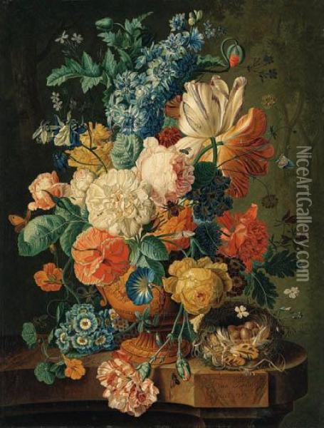 Tulips, Hollyhocks, Poppies, 
Carnations And Other Flowers In Anurn, With A Tortoiseshell Butterfly, 
Corn, A Walnut, And Hazelnutson A Marble Ledge; And Grapes, Corn, 
Peaches, Plums, Raspberries,tulips, Roses, Morning Glory And Other 
Flowers, Butte Oil Painting - Paul-Theodor Van Brussel