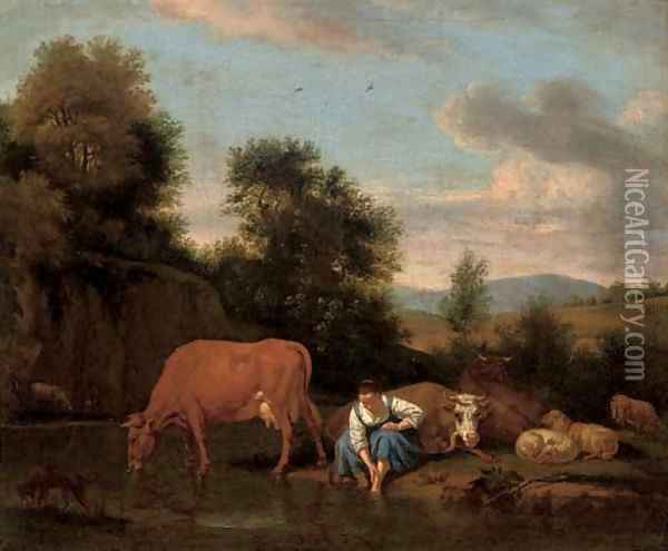 A wooded river landscape with a shepherdess washing her feet, cattle beyond Oil Painting - Adriaen Van De Velde