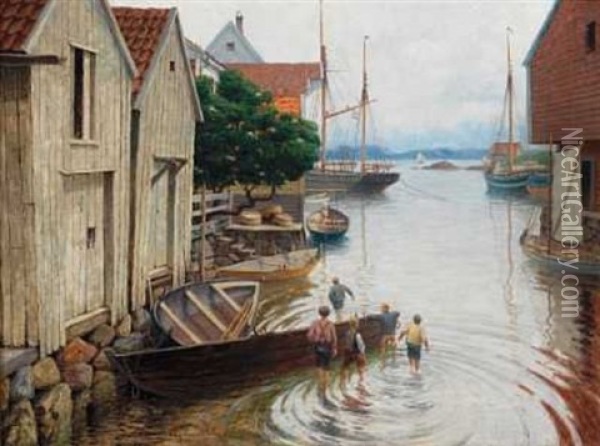 Gutter I Bathavn Oil Painting - Hjalmar Johnssen