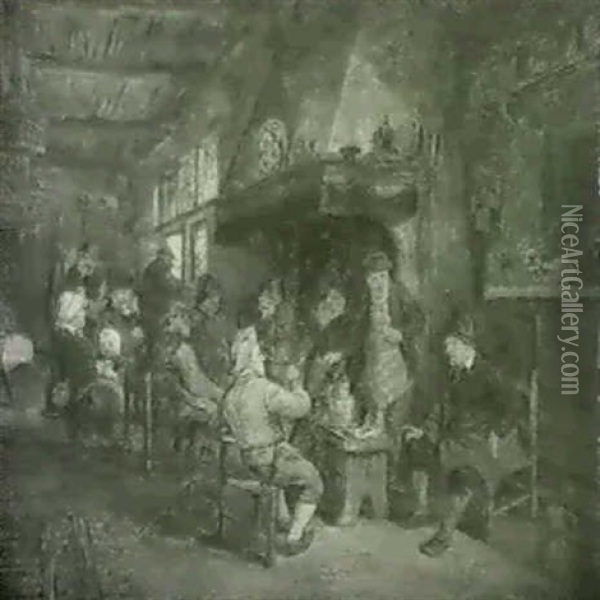 Peasants Drinking And Smoking By A Fire In An Inn Oil Painting - Adriaen Jansz van Ostade