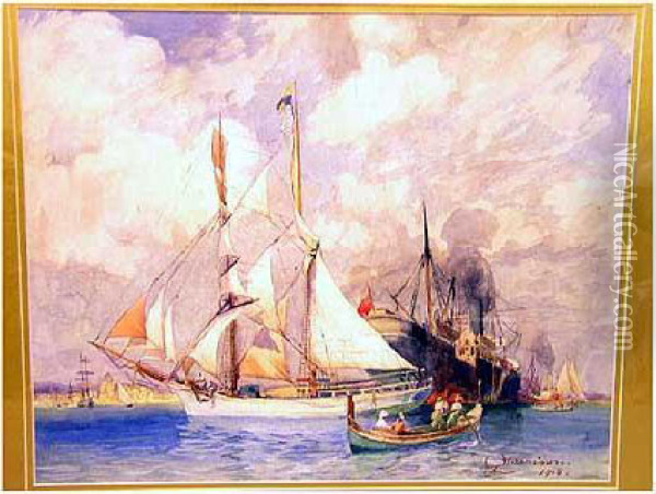 Sailing Boats And Steamer Leaving Harbour Oil Painting - George Harrison