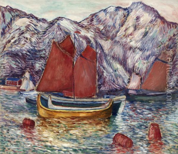 Fjord Landscape With Sailingboats Oil Painting - Leander Engstrom