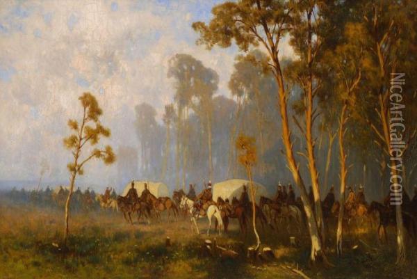 Ziehende Kavallerie Am Waldrand Oil Painting - Wladyslaw Aleksander Malecki