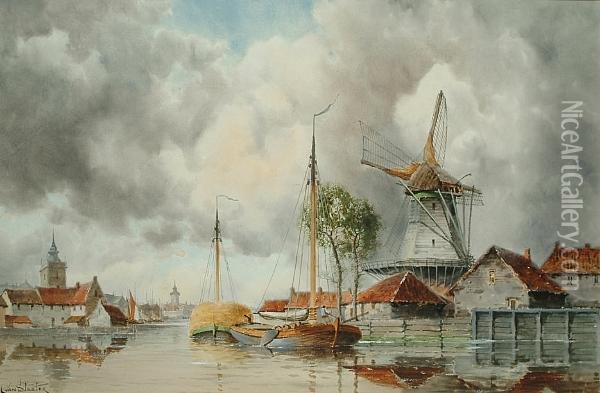 Hay Barges Down A Dutch Canal Oil Painting - Hermanus Jr. Koekkoek