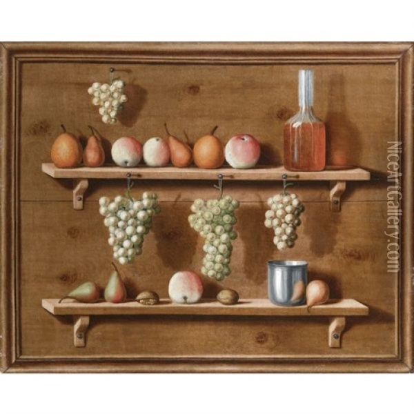 Trompe L'oeil Of Pears, Apples And Nuts Resting On Ledges And Bunches Of Grapes Hanging From Ledges All Within A Painted Frame Oil Painting - Jean Valette-Falgores Penot