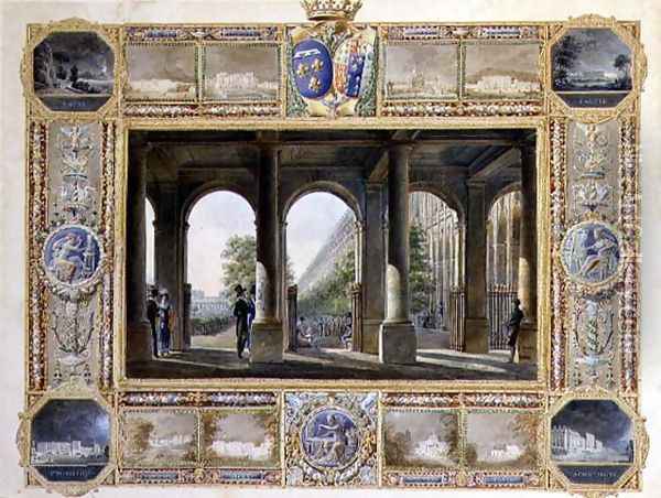 The Palais Royal, Paris, surrounded by vignettes of the childhood residences of Charles Ferdinand, the Duke de Berry 1778-1820 and his wife Maria Caroline of Bourbon Oil Painting - Hilaire Thierry
