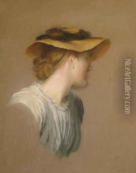 Mrs G. F. Watts in a straw hat, 1887 Oil Painting - George Frederick Watts