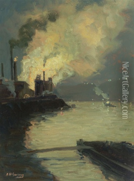 Steel Mill At Night (jones & Laughlin By Night) Oil Painting - Aaron Harry Gorson