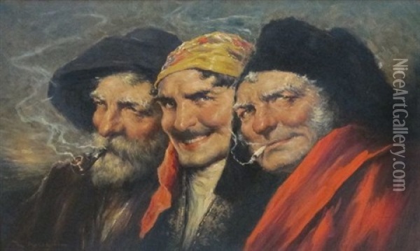 Trois Tetes D'hommes Souriants (types Du Temps De Goya) Oil Painting - Roman Arregui