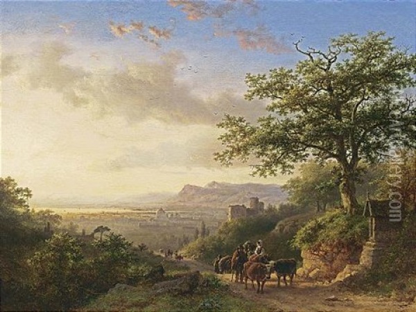 An Extensive Rhine View With Travellers On A Path Oil Painting - Barend Cornelis Koekkoek
