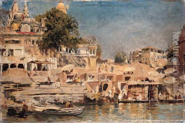Views Of The Ghats At Benares Oil Painting - Edwin Lord Weeks