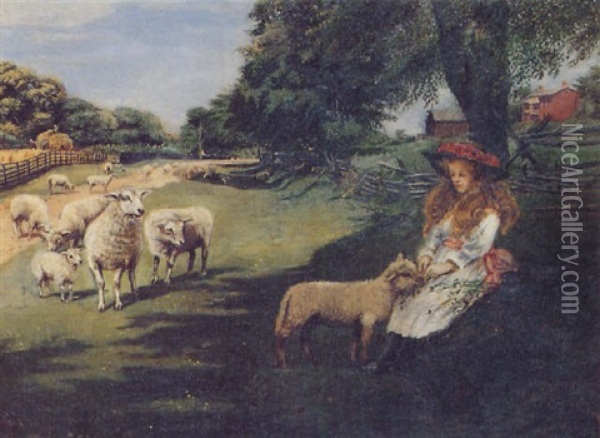 Young Girl Feeding A Lamb In A Shady Pasture Oil Painting - Owen Staples