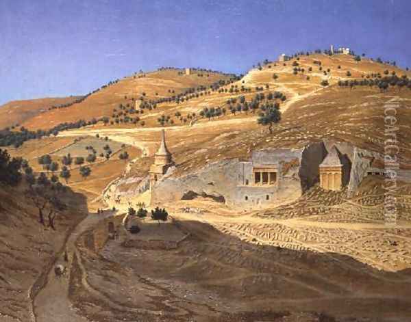 A hilly landscape with Arabs and a ruined temple Oil Painting - Hubert Sattler