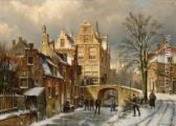 Figures On A Frozen Canal In A Dutch Town Oil Painting - Willem Koekkoek