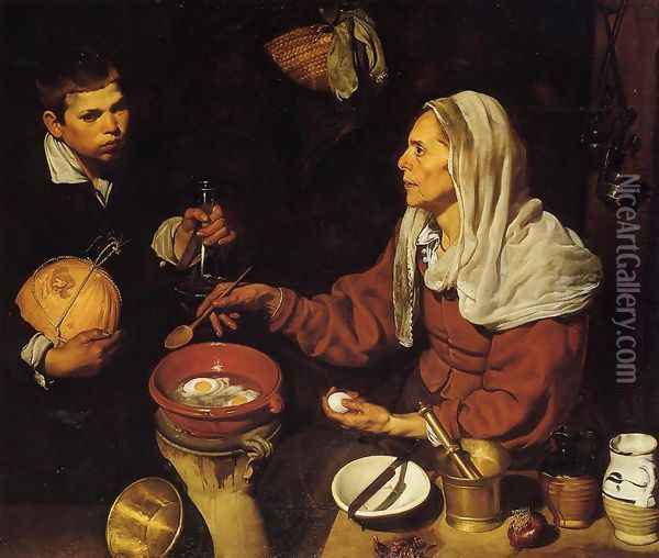 Old Woman Frying Eggs 1618 Oil Painting - Diego Rodriguez de Silva y Velazquez