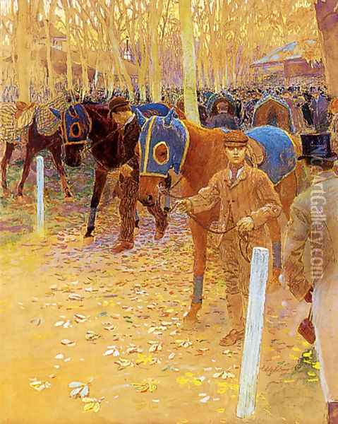 The Saddling Paddock Oil Painting - Adolphe Gustave Binet