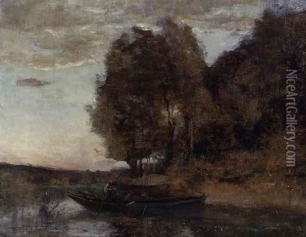 Fisherman Boating along a Wooded Landscape Oil Painting - Jean-Baptiste-Camille Corot