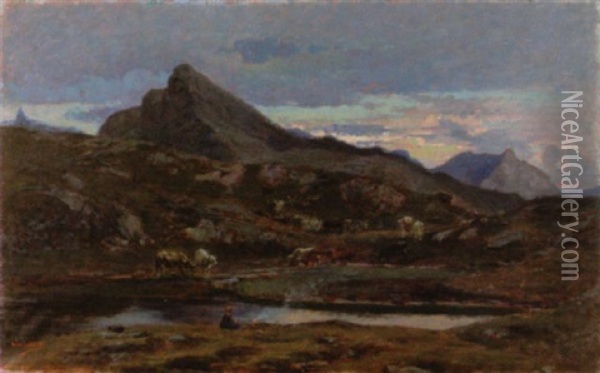 Troupeau Au Bord D'un Lac De Montagne Oil Painting - Giuseppe Carozzi