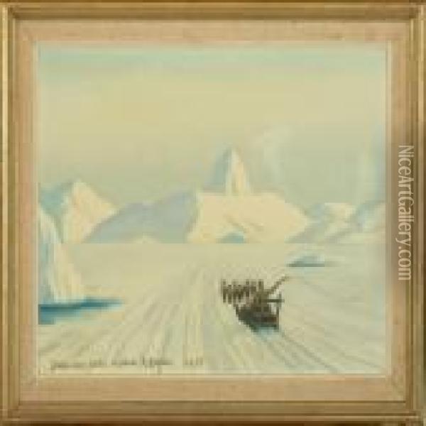 In Dog Sledgebetween Icebergs Oil Painting - Emanuel A. Petersen