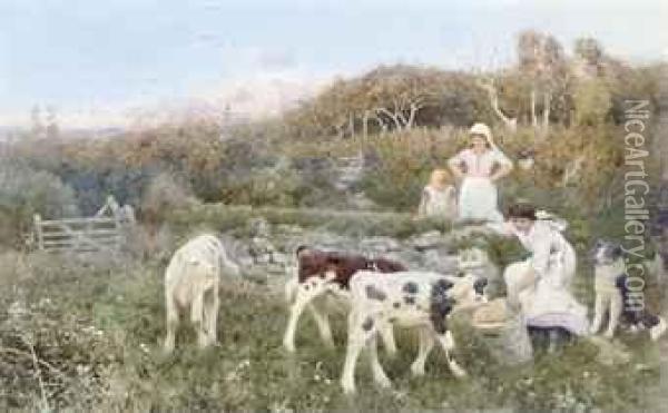 Feeding The Cows Oil Painting - Thomas Lloyd