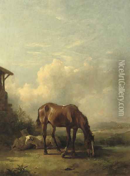 Sheep and a horse on a sunny afternoon Oil Painting - Friedrich Gauermann