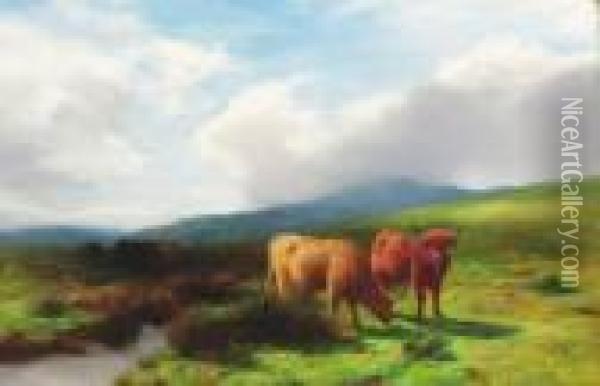 Highland Cattle By A Burn Oil Painting - Peter Graham