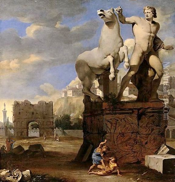 A Capriccio Of The Forum Romanum, With The Sculpture Groups Of Alexander And Bucephalus, And Cain And Abel Oil Painting - Thomas Blanchet